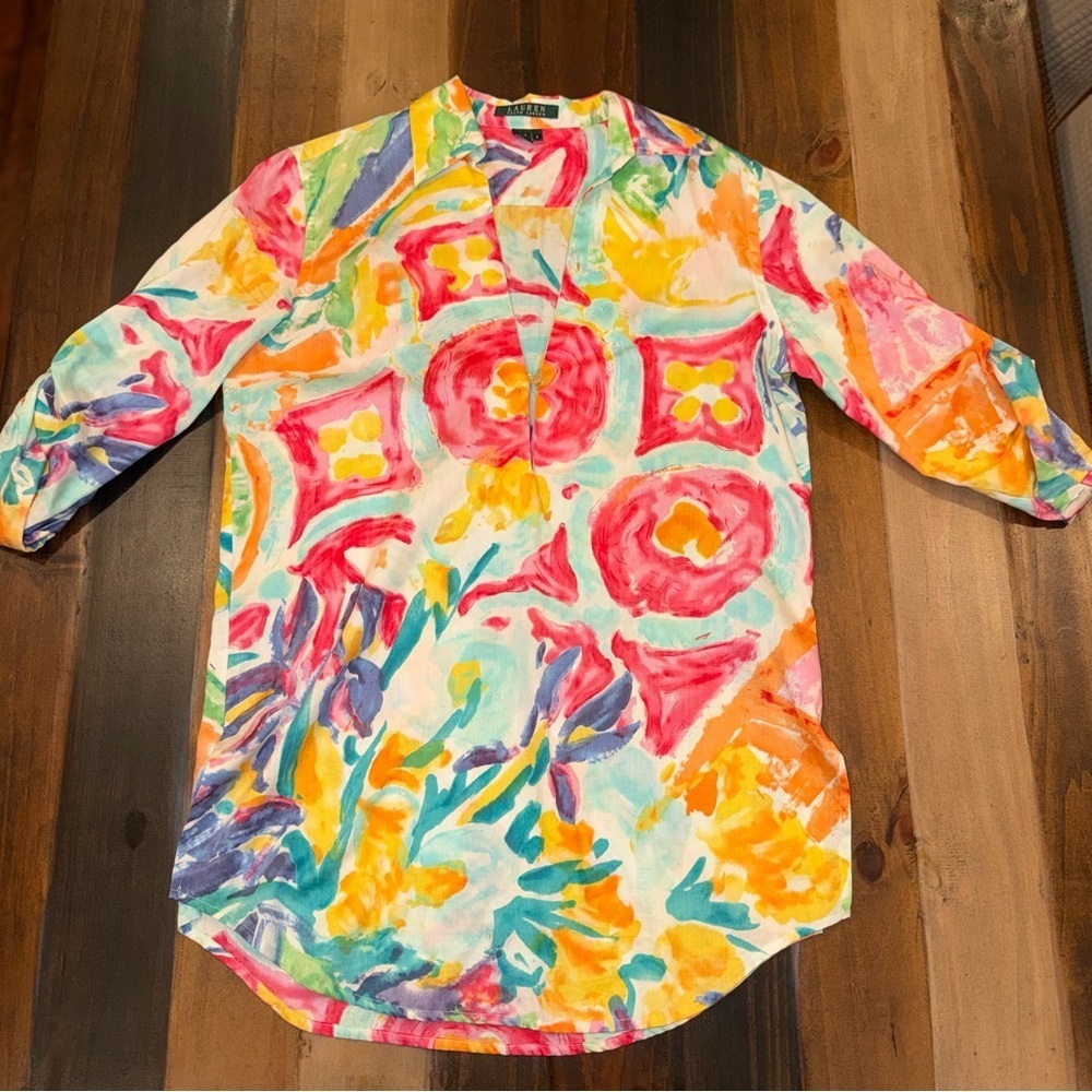 Lauren Ralph Lauren Multicolor Floral Watercolor Print Tunic Blouse